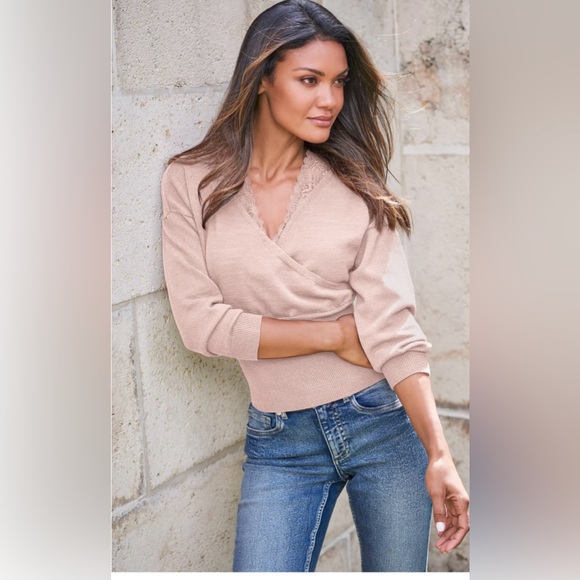 VENUS Crossfront Lace Sweater | M | Blush / Pink - Picture 3 of 10